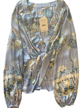 Free People Light Blue Floral Tie-Front Blouse Size M